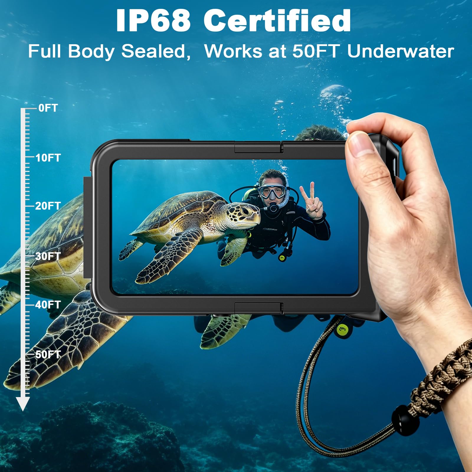 Custodia impermeabile subacquea da 15 m per iPhone 17/16/15/14 | Smartphone da 5,4 a 6,9 pollici, tasto volume del telefono a sinistra, snorkeling, nero viola