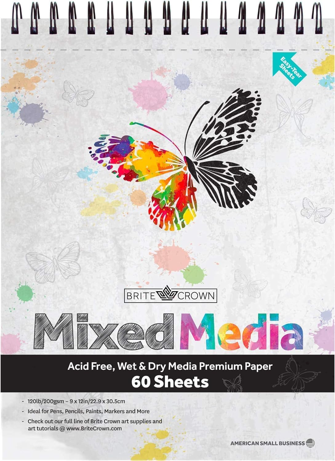 Brite CrownMixed Media Sketch Pad – 9 x 12 Sketch Book (60 Sheets) Perforated Sketchbook Art Paper for Pencils, Markers, Paints, Watercolors, Pastels, Charcoal 120lb (200gsm) Acid Free Drawing Paper