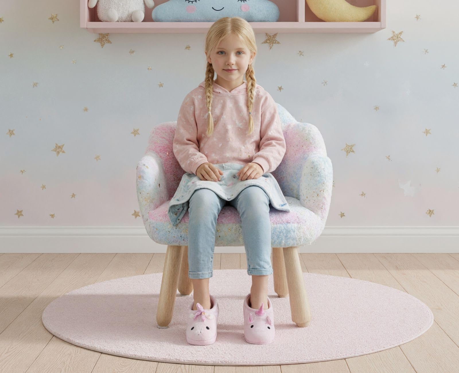 Petite Chaise Enfant Fausse Fourrure Fauteuil Fille Dossier Pétale Tabouret Pieds Bois Coloré