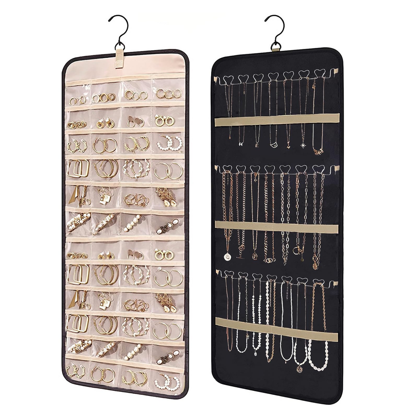 Zyetgh Black Hanging Jewelry Organizer, Dual-Sided Necklace Holder Anti-Tangle Jewelry Roll With 48 Pockets And 3 Wave-Shaped Hooks For Earrings Necklaces Rings (Black)