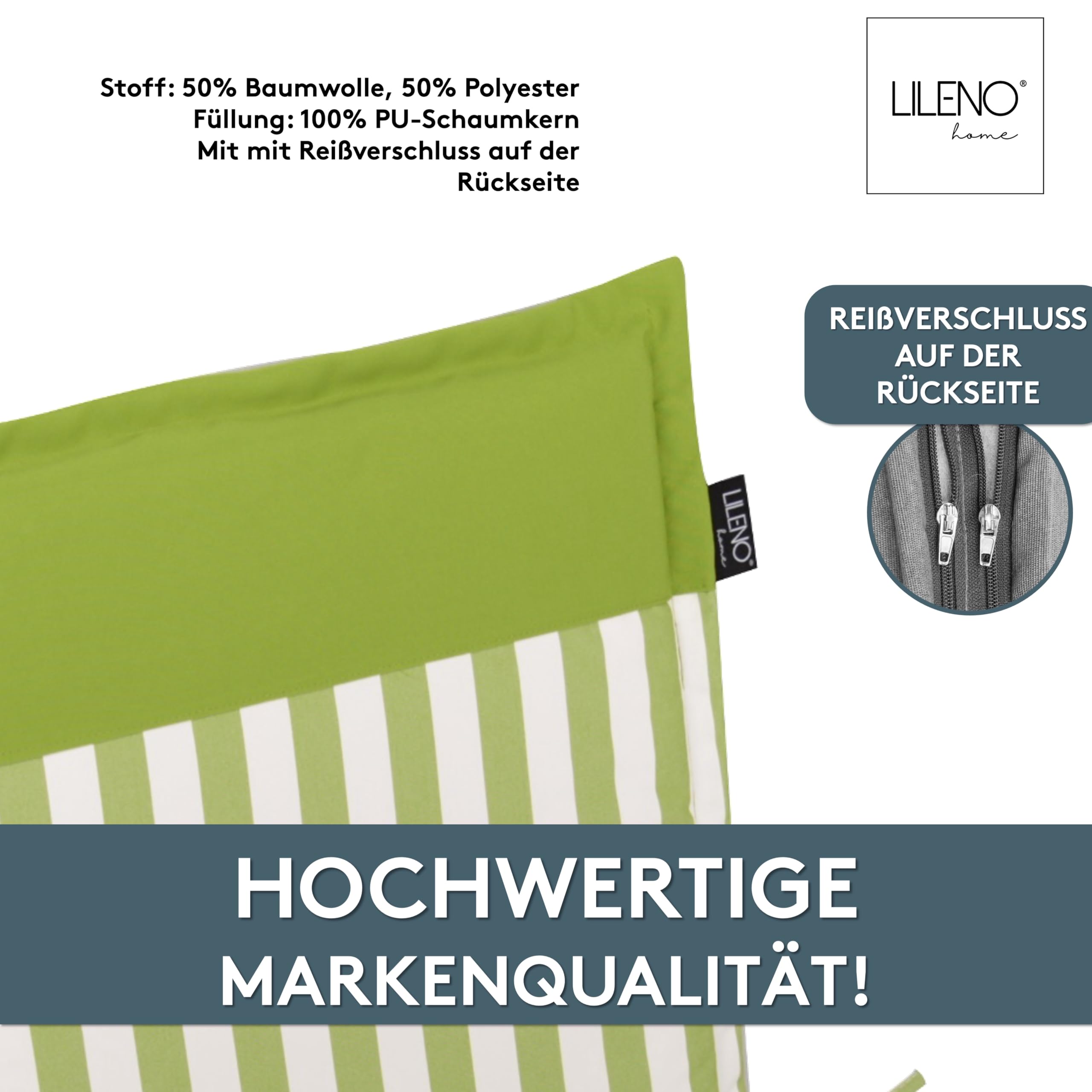 LILENO HOME Gartenstuhl Auflagen als [2er Set - Niedriglehner] in Streifen Hellgrün - Uni Hellgrün - Bequeme Liegen als Sitzauflagen für Gartenmöbel - Stuhlkissen für Gartenstühle Malt