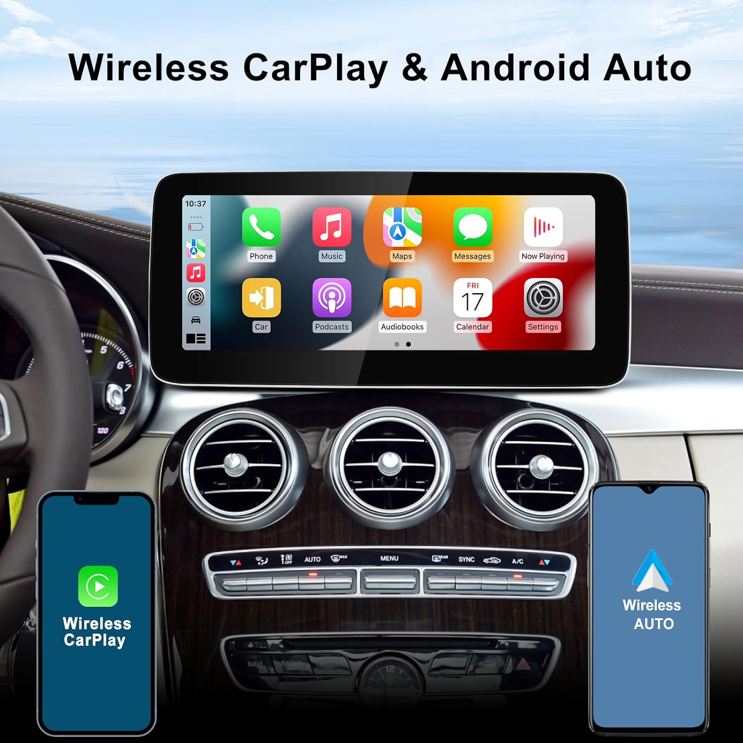 Image showing the CarPlay interface on the 12.3-inch screen with icons for Phone, Music, Maps, Messages, and other apps, alongside illustrations of a smartphone connected wirelessly to CarPlay and Android Auto.