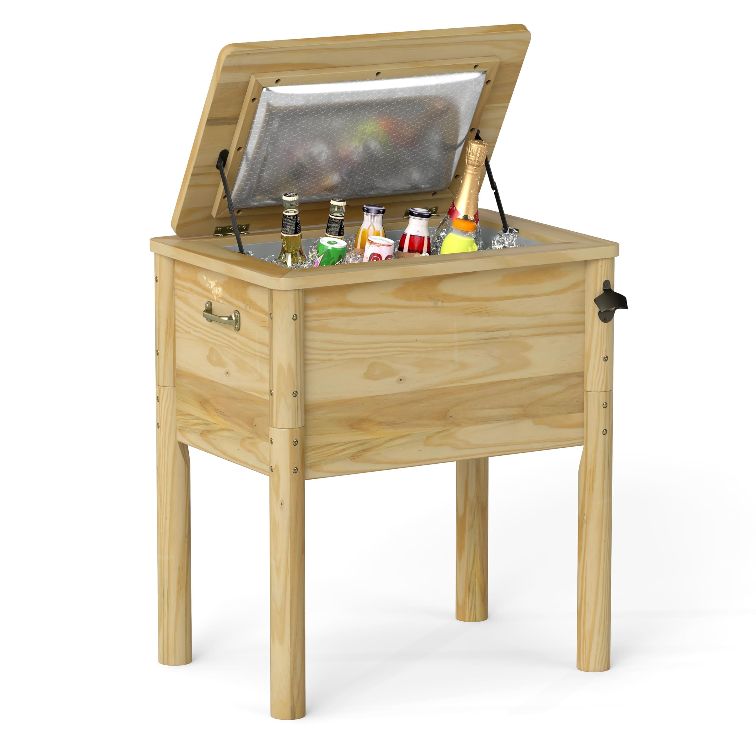 FANTASK Refroidisseur de terrasse en Bois Rustique 51 l avec 3 poignées, décapsuleur et Bouchon de vidange, Refroidisseur de terrasse d'extérieur pour Barbecue, cookouts, Jardin, terrasse, Piscine