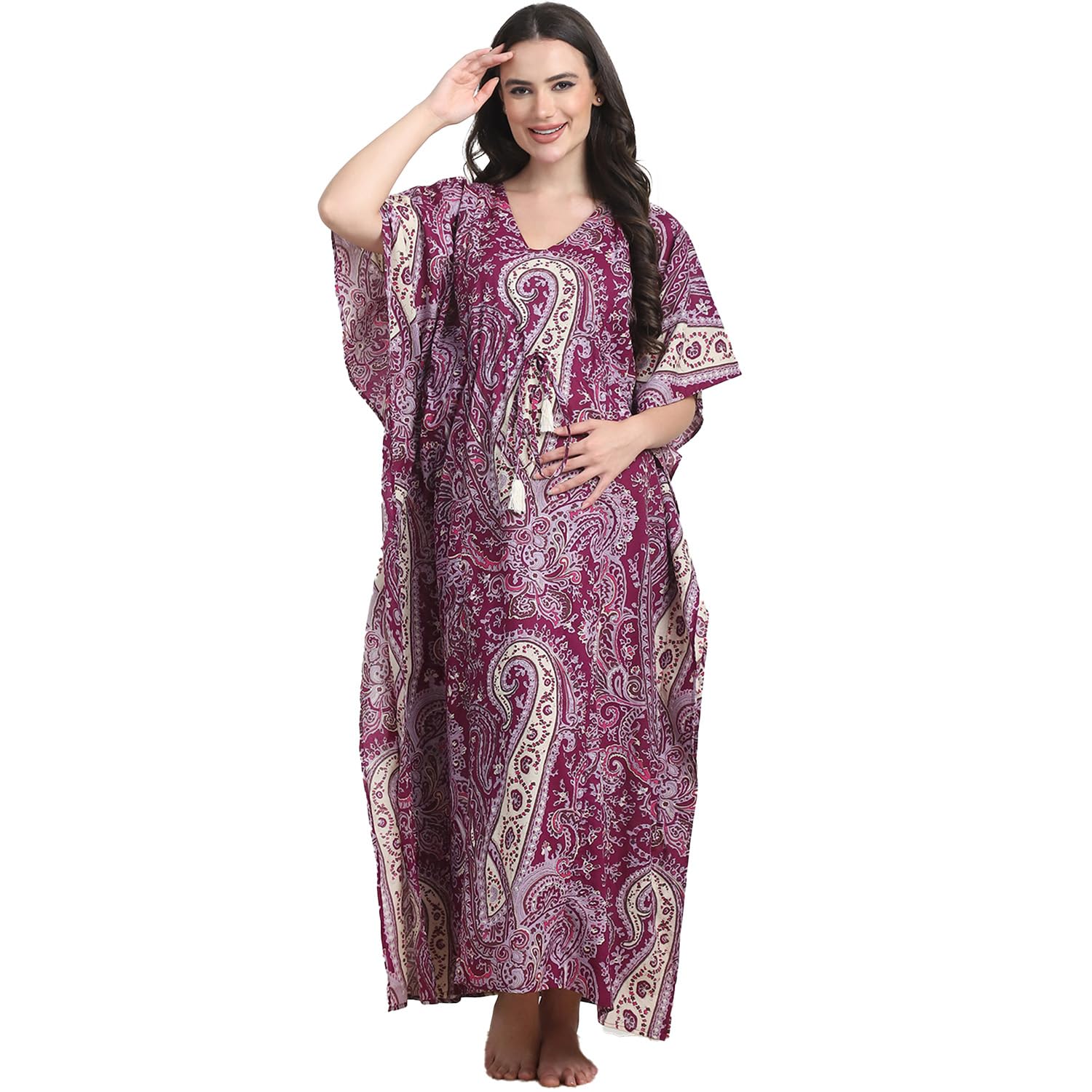 Secret Wish Printed Cotton Maternity Kaftan Full Length/Nighty/Free Size/Feeding/Nursing/Zipper/Drawstring