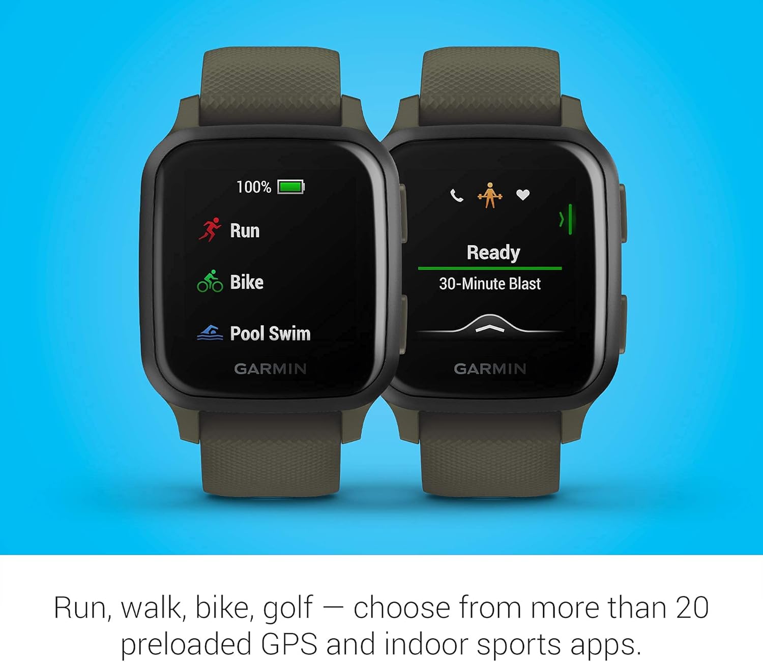 Garmin Venu Sq Music, GPS Smartwatch with Bright Touchscreen Display, Features Music and Up to 6 Days of Battery Life, Slate and Moss Green (Renewed)