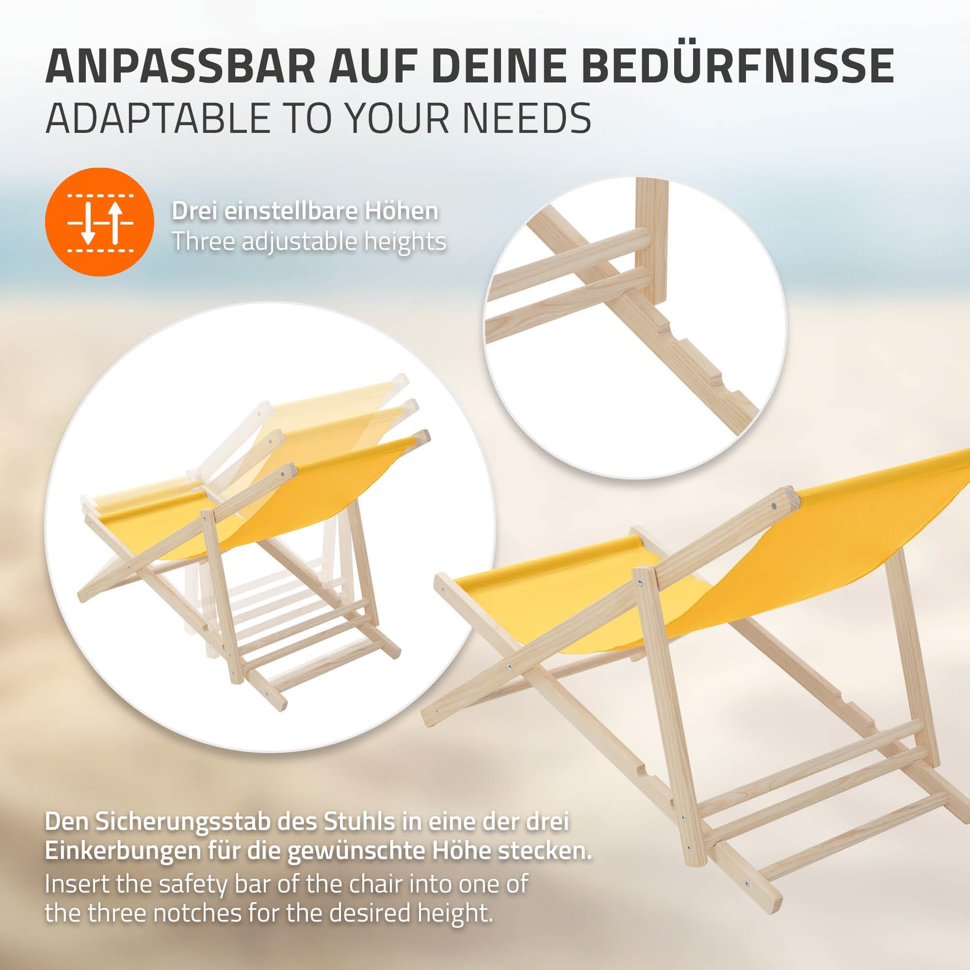 ECD Germany Lot de 2 Chaises Longues Pliantes en Bois Chiliennes, Jaune, Dossier Réglable, 3 Positions de Couchage, jusqu'à 120kg, Bain de Soleil en Tissu pour la Plage Jardin Terrasse Camping