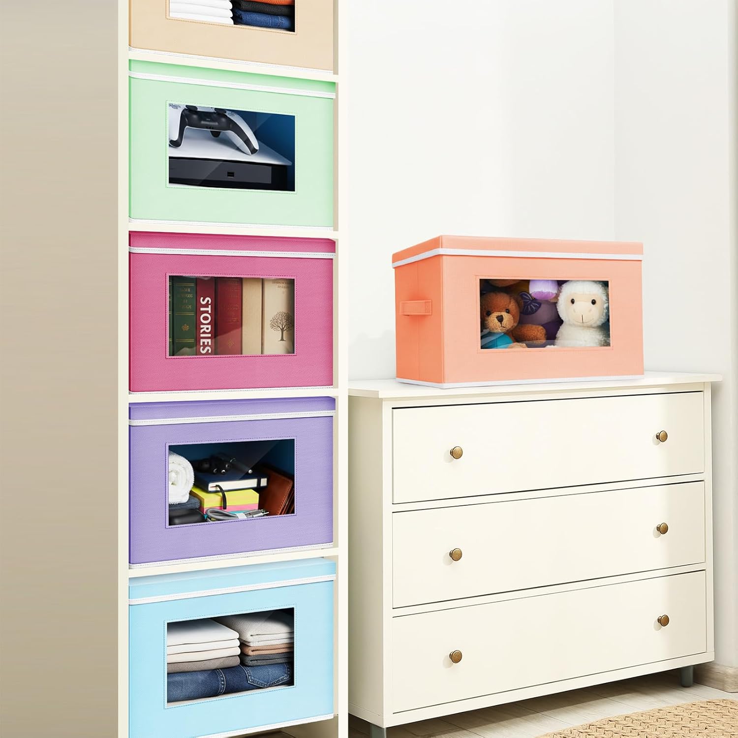 Threehoney 10 Pcs Fabric Storage Cubes with Lids and Clear Windows 14x10 Inch Foldable Closet Organizer Bins Aesthetic Pastel Storage Bins for Shelves Dorm Essentials Craft & Office Organization