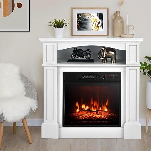 Electric Fireplace with Mantel, 32’’ Freestanding Fireplace Realistic Flame with Thermostat, 3 Brightness & Remote Control, Electric Fireplace Heater with Temperature Control & Timer (White)