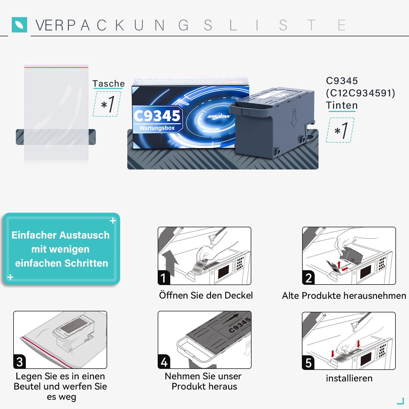Spaceink C9345 Contenitore per la manutenzione dell'inchiostro per Epson ET-5880 ET-5850 ET-5800 ET-16650 ET-16600 ET-16150 Mono ET-M16600 WF-7830DTWF Pro WF-7840DTWF SC-8000 WF-7820 WF-7844. 0 L15150
