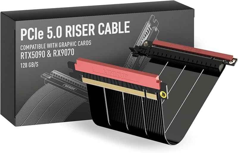 LINKUP - AVA5 PCIE 5.0 ライザーケーブル | RTX5090 RX9070 GPUに対応 | x16 128GB/s速度 | Thermaltake TR100 & PCIe 4.0と互換性あり | Mini ITXケース用に設計され | デュアルリバース ブラック 21cm（全長 23cm）