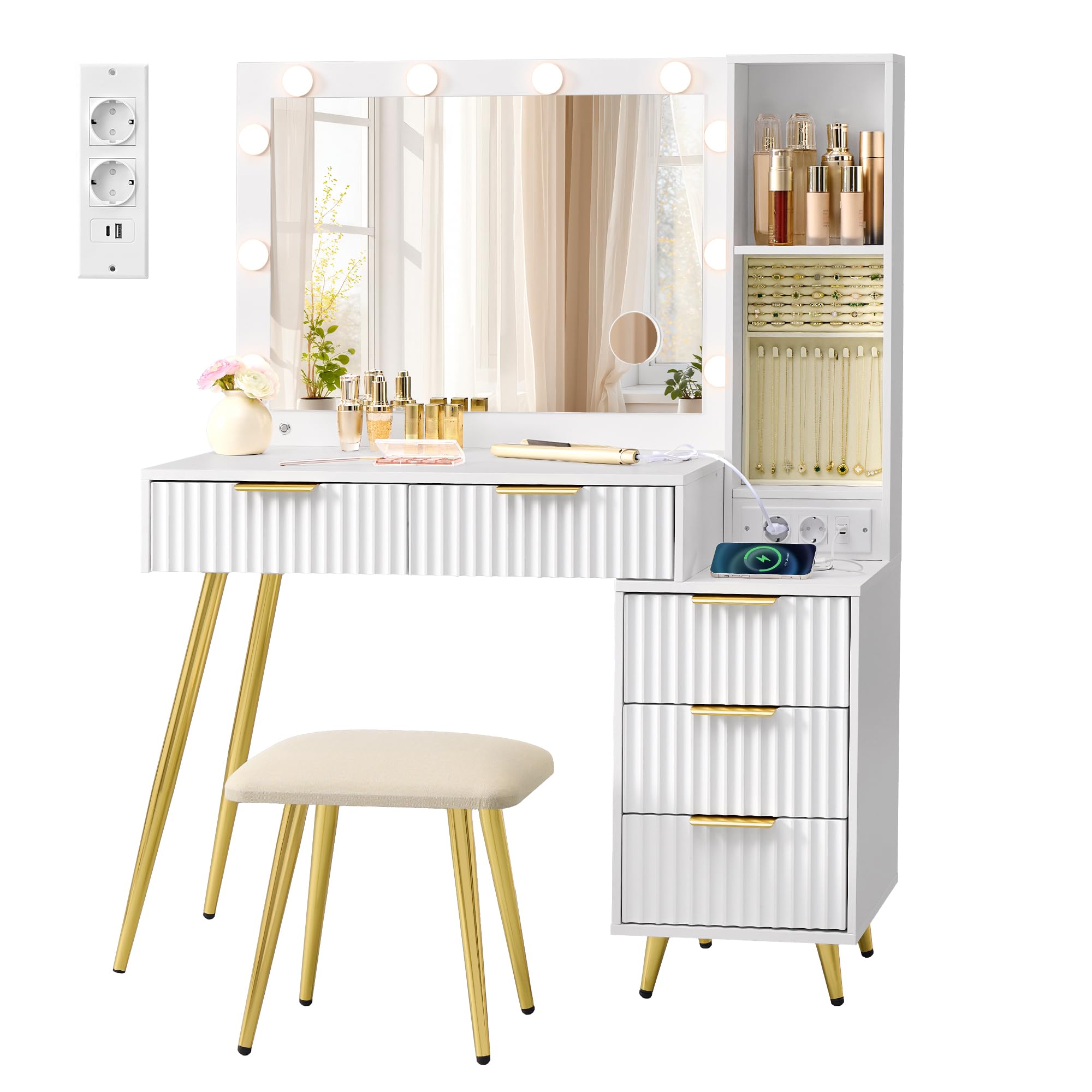VASAGLE Toeletta con Sgabello e Specchio, Tavolo da Trucco con Cassetti, Specchio Ingranditore 10x, Illuminazione LED, Vassoio Portagioie, Multipresa, 40 x 110 x 135 cm, Bianco Nuvola RVT020WB01