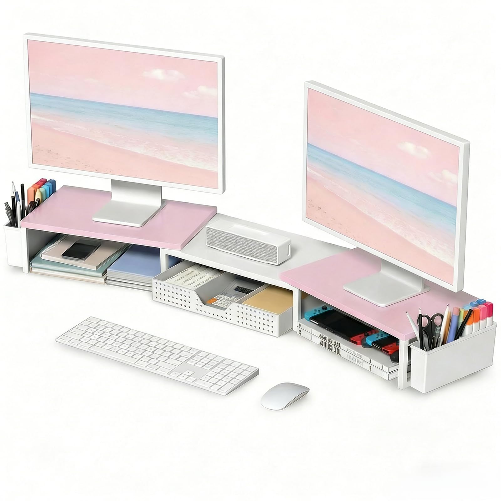 OPNICE Desk Organizers and Accessories, Dual Monitor Stand Riser with Drawer and 2 Pen Holders, Desk Shelf Wood Computer Racks for Office Workspace