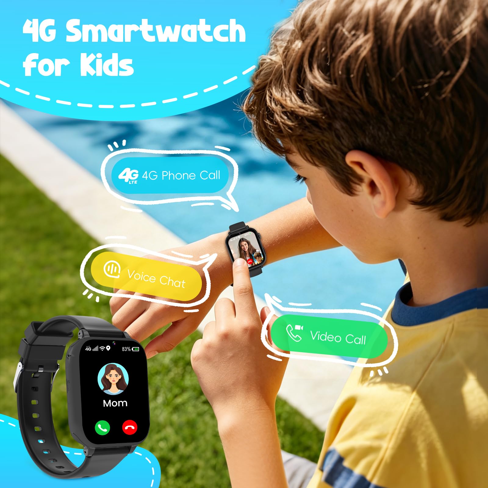 Alutoria Smartwatch Kinder mit GPS und Telefon, 4G Kinderuhr mit Videoanruf | Voice Chat, 2x Uhrarmband‌, SOS, Schulmodus, Schrittzähler, Uhr Kinder Smartwatch für Mädchen Jungen Geschenke, Schwarz