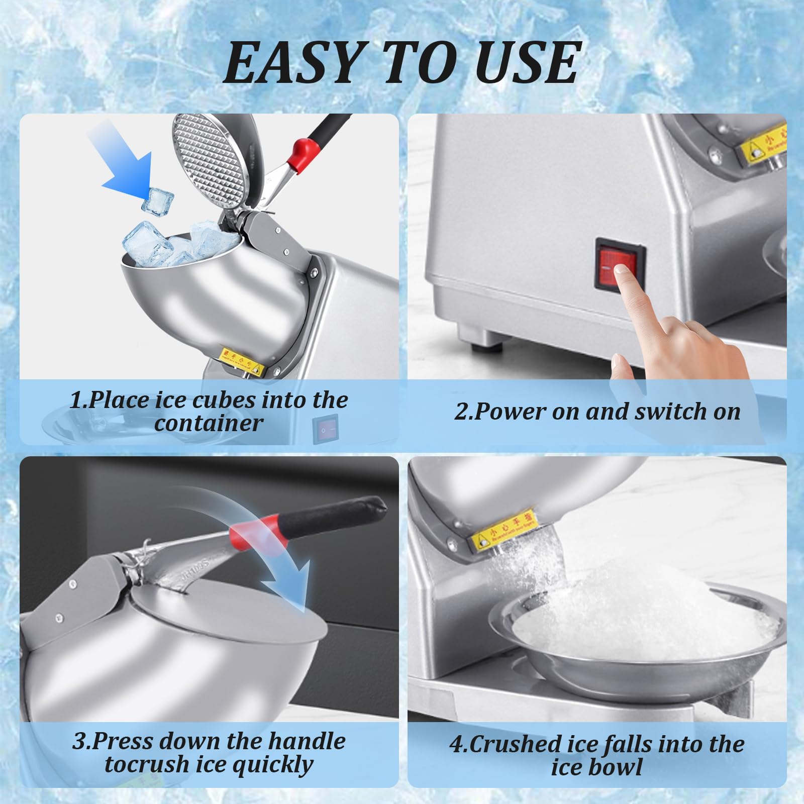 Picadora de Hielo Eléctrica, 380W 2200rpm Trituradora de Hielo 65kg/h con 2 Cuchillas de Acero Inoxidable - Máquina para Granizados, Batidos, Bebidas Frías y Té con Leche