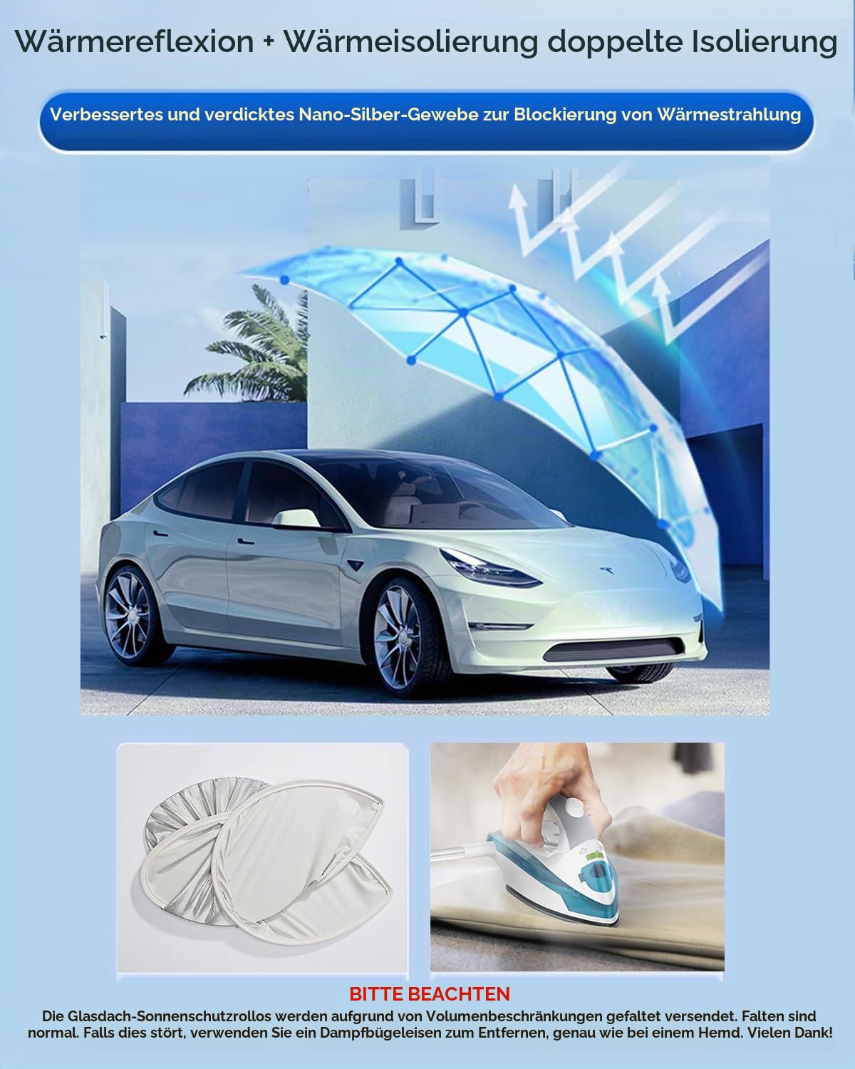 GAFAT 2021-2024 Tesla Model Y Glasdach Sonnenschutz, Tesla Model Y Sonnenschutz Dach Kein Durchhängen, Isolierung und Reflexion integriert Sonnenschirm Innen, UV Schutz, Halten kühl