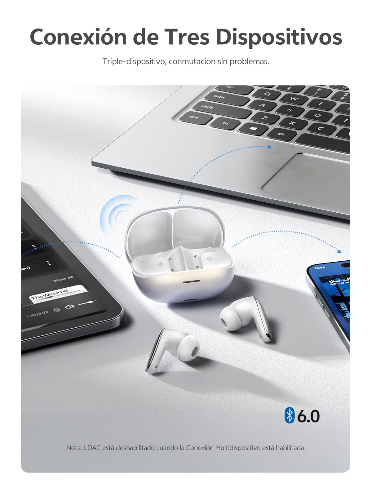 QCY MeloBuds N65 Cuffie Bluetooth Wireless, Cancellazione del Rumore Adattiva AI, Cuffie In Ear con ANC -60dB, 8-Mic AI, Auricolari Bluetooth 6.0, 50 Ore,IPX5, 3 Connessione dei Dispositivi, Bianco