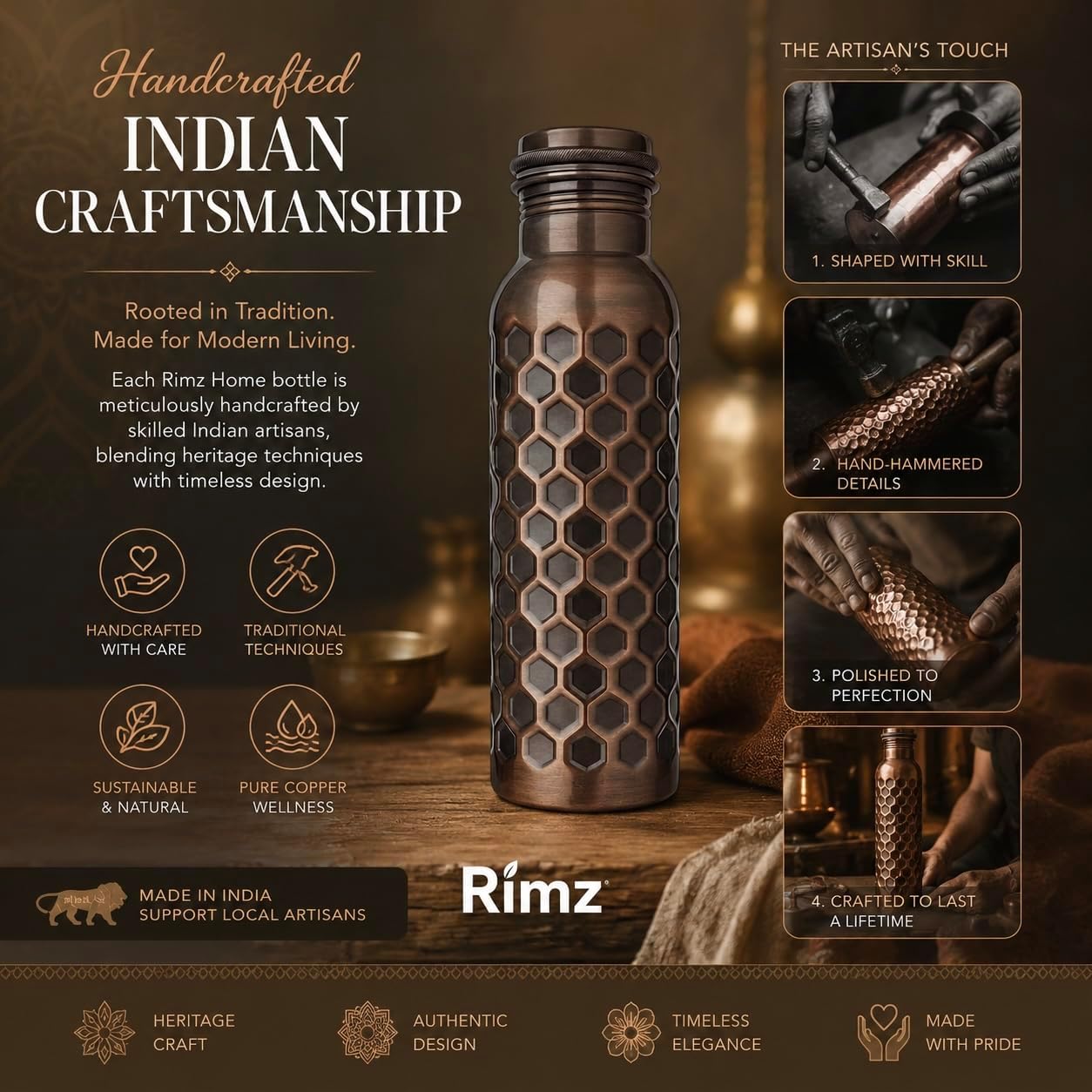 Rimz Trending L&S 100% Pure Copper Water Bottle for Drinking Water | Honeycomb Hammered Design | Leak Proof Ayurvedic Copper Bottle for Home, Office, Gym & Yoga | Health Benefits Bottle (950 ML)