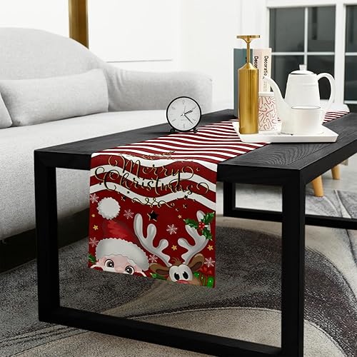 Miniatura 5 de Christmas Table Runner-Cotton Linen- 60 Inch Holiday Dresser Scarves, Red Cartoon Elk Santa Claus Stripes Tablerunner for Kitchen CoffeeDining