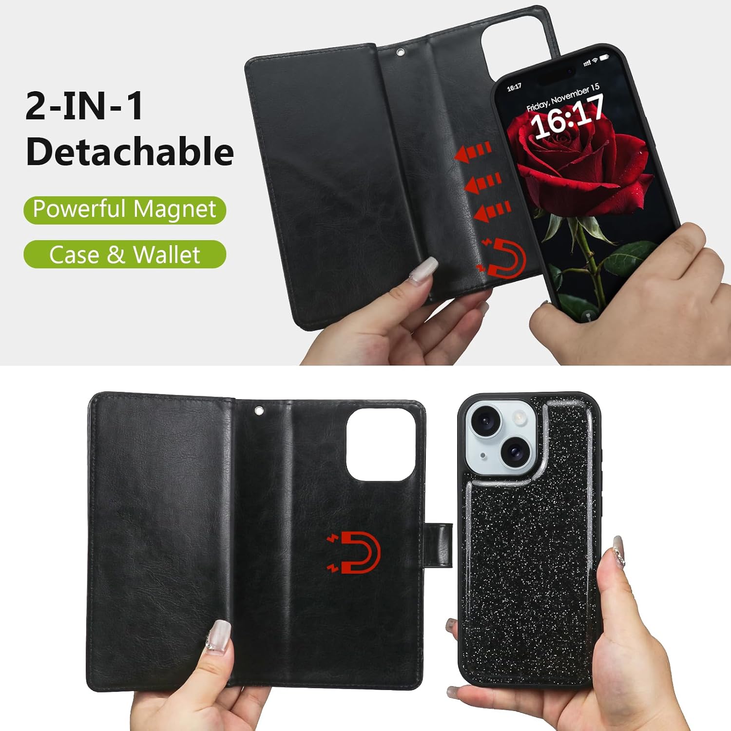 Varikke for iPhone 15 Wallet Case Detachable with Card Holder for Women Girls, Fashion Glitter PU Leather Wrist Strap Strong Magnetic Flip Wallet Removable Phone Case Cover for iPhone 15 6.1", Black