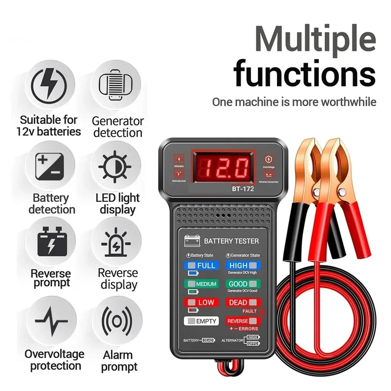 Battery Tester. Car Battery Load Tester BT-172 Voltage Meter Gauge Digital Display Car Battery Monitor Amp Meter with Clips Tool