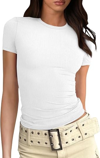 Womens Basic T Shirts Ribbed Going Out Tops Y2k Scoop Neck Short Sleeve Crop Tops Slim Fit Summer Tees