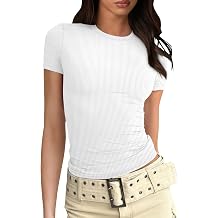 Womens Basic T Shirts Ribbed Going Out Tops Y2k Scoop Neck Short Sleeve Crop Tops Slim Fit Summer Tees