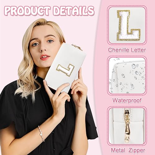 Miniatura 3 de Biileen Bolsa de maquillaje preppy inicial personalizada Pequeña bolsa de carta de chenilla de viaje linda, Blanco-2