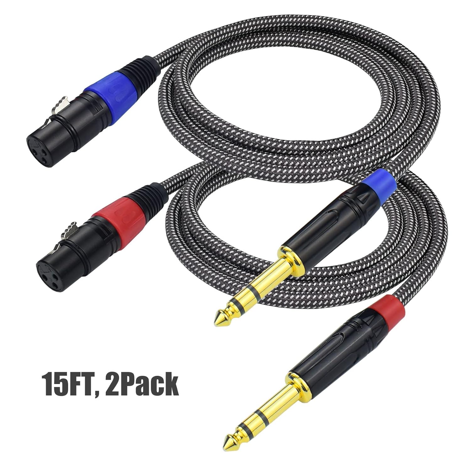 Balanced 1/4" TRS to XLR Female Microphone Cable, 15Feet 6.35mm Quarter Inch to 3pin XLR Female Stereo Interconnect Cable, Heavy Duty Nylon Braided, Gold Plated, for Mixer, Speaker -2Pack