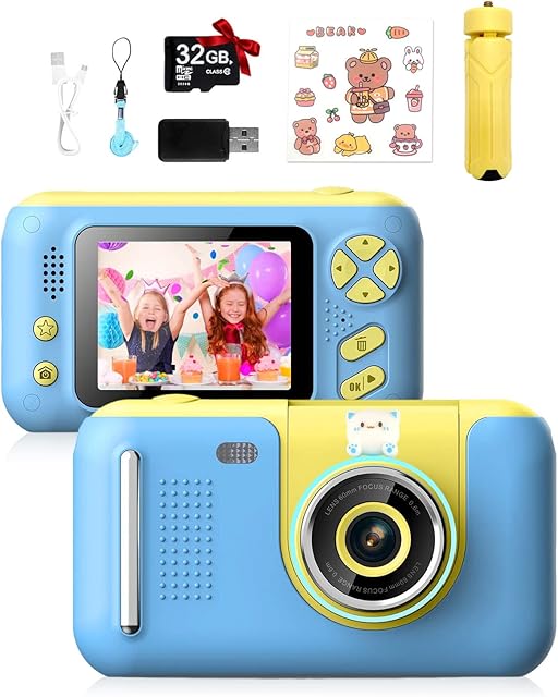 E-SMARTER Kids Camera, 1080P HD Kids Digital Camera Selfie with Holder, Card Reader, 32g SD Card, Filters, Video, Timed Shot Kids Camera for Girl, Boys, Birthday, For Kids Age 3+