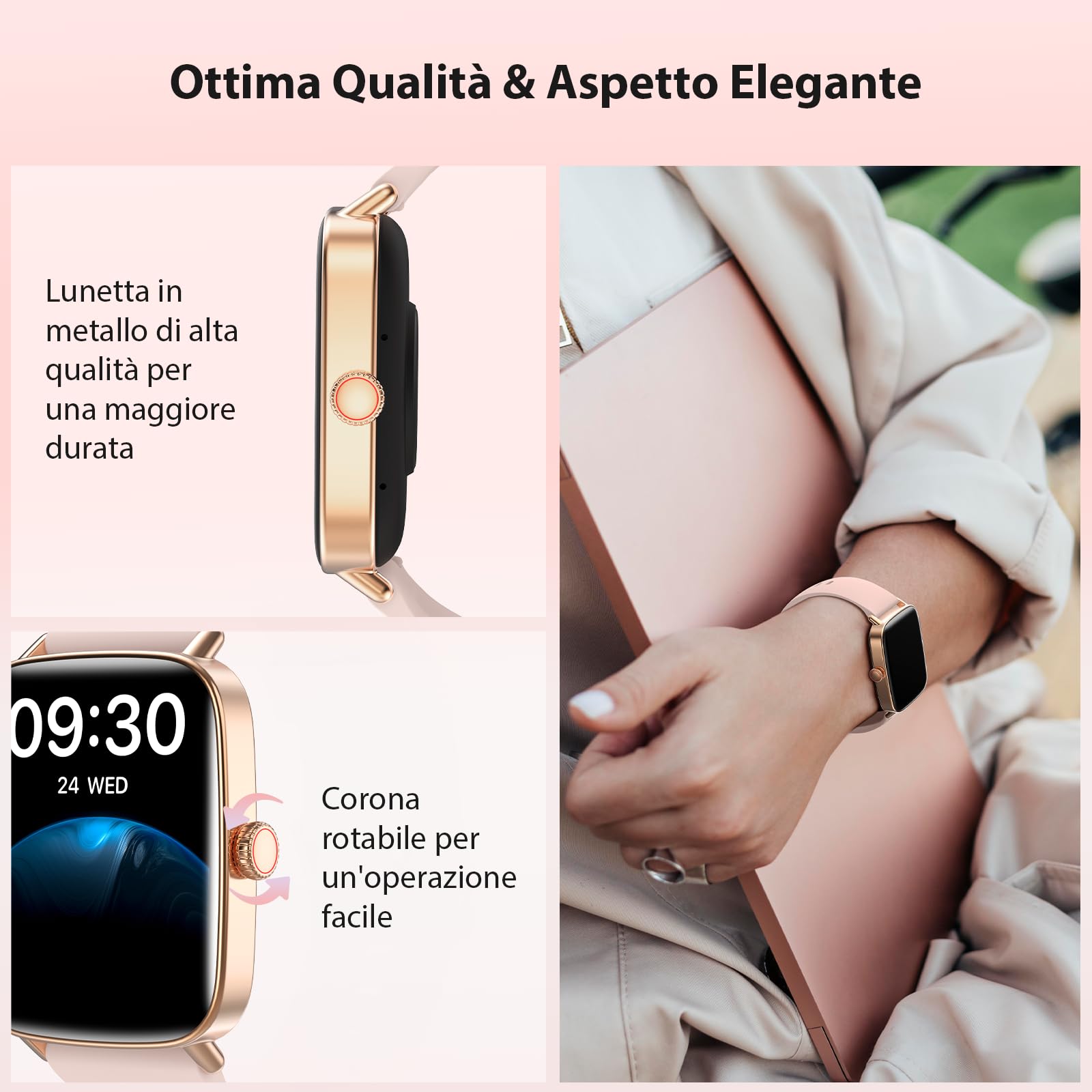 Smartwatch Donna, 1.85" Orologio Smartwatch con Chiamate e Notifiche WhatsApp, Fitness Tracker con Contapassi Sonno SpO2 Cardiofrequenzimetro, 110 Sportive, IP68 Smart Watch per Android iOS Rosa