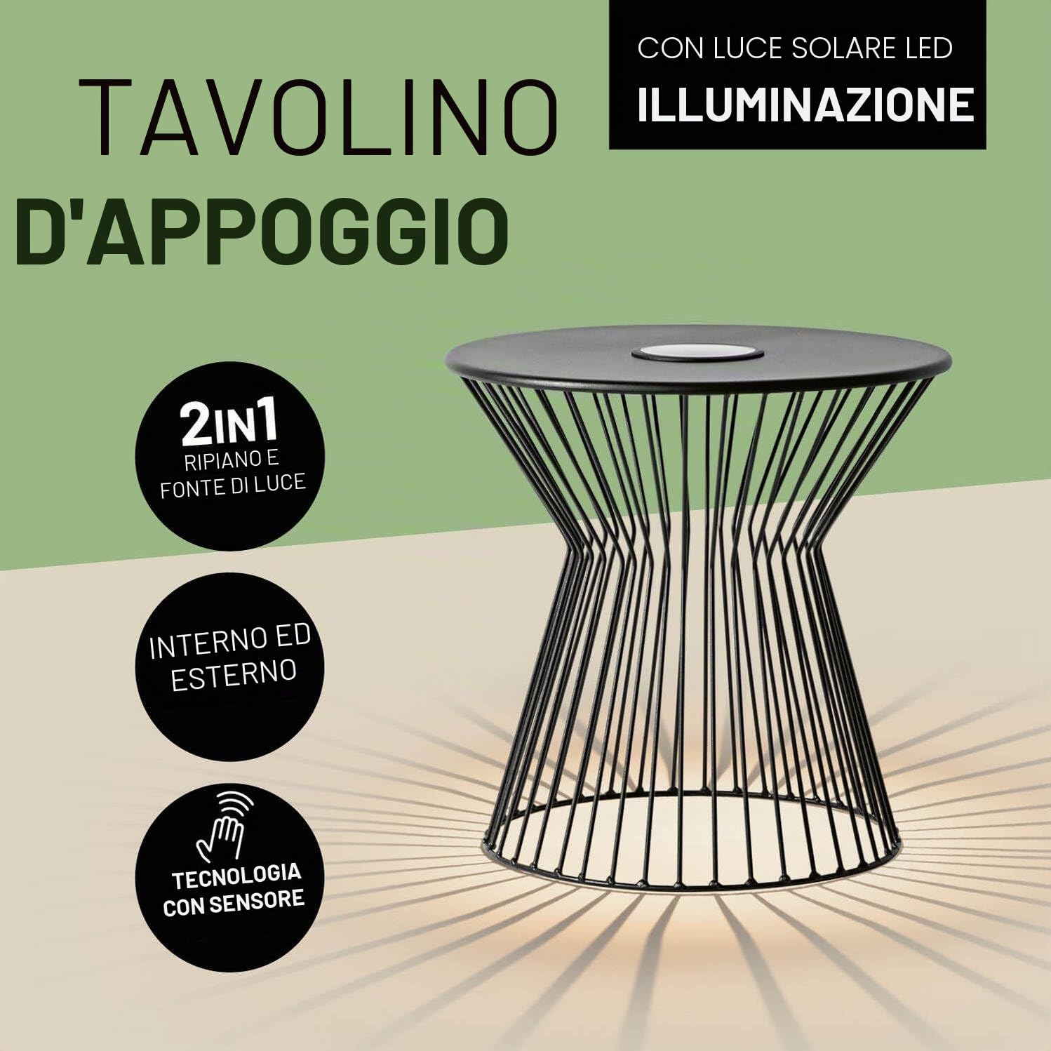 Lumaland Tavolino con illuminazione solare a LED, ideale come tavolino da salotto, comodino, tavolo da giardino e tavolo da balcone, resistente alle intemperie e robusto, per interni ed esterni, USB e