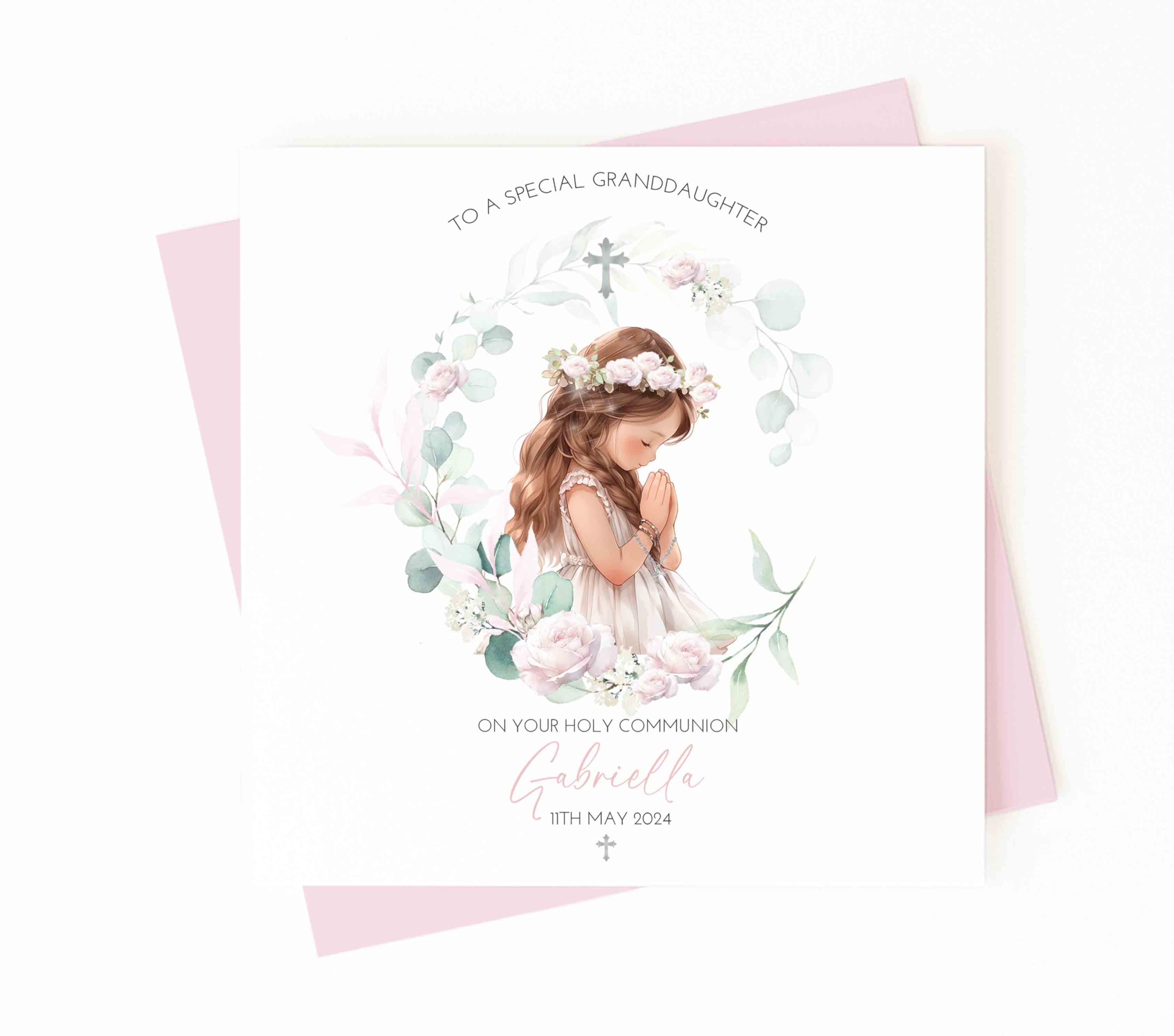 Girls First Holy Communion Card, 1st Communion Card, Granddaughter, Daughter, Niece, Floral Design, Personalised Communion Gift