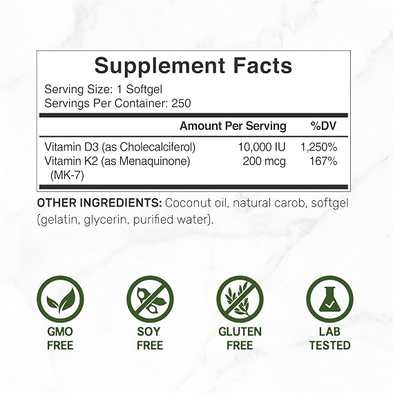 DEAL SUPPLEMENT Vitamin D3 10,000 IU + K2 MK7 200mcg Softgels, 250 Count | 2-in-1 Complex with Virgin Coconut Oil | Easy to Swallow