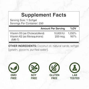 DEAL SUPPLEMENT Vitamin D3 10,000 IU + K2 MK7 200mcg Softgels, 250 Count | 2-in-1 Complex with Virgin Coconut Oil | Easy to Swallow