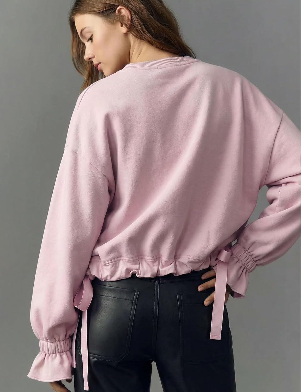 Wyeysyt Womens Crewneck Sweatshirt Oversized Long Sleeve Fleece Lined Sweatshirts with Drawstring Ruffle Hem - Image 5