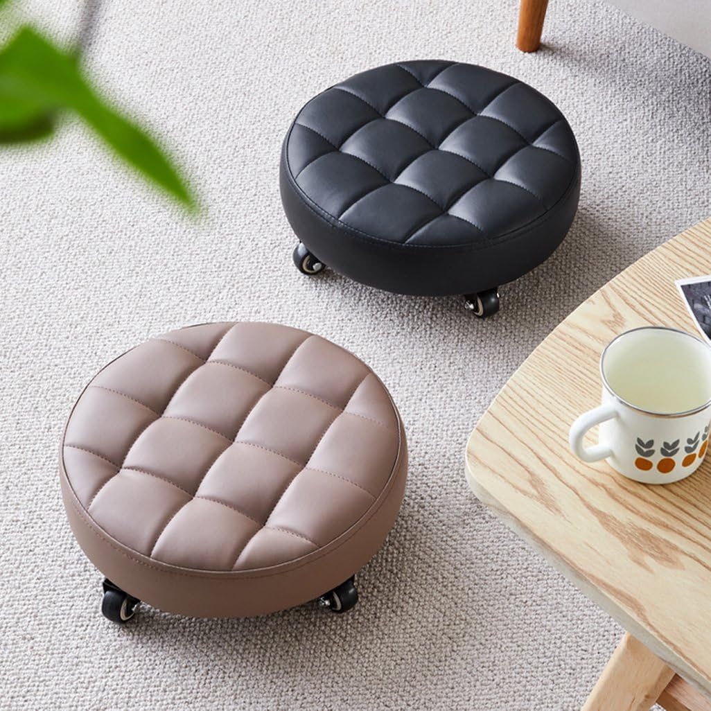 Heavy-Duty Low Rolling Stool with 360° Swivel Wheels, Pu Leather Seat, Pu Leather Small Mechanic Chair, Short Ottoman Footrest for Garage, Shop, Library - Compact Mechanic Stool Brown1