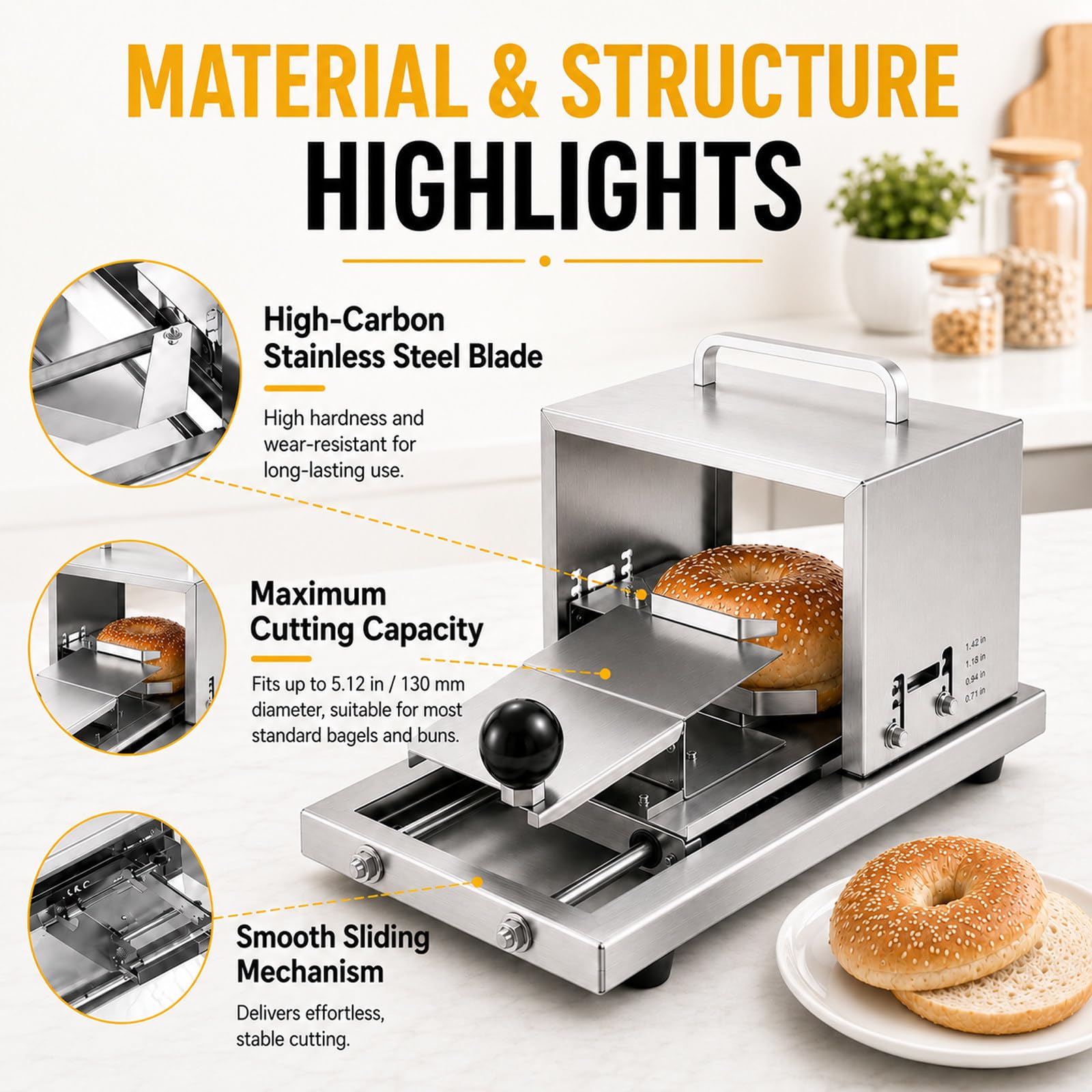 MIAOXIAOLONG Rebanador Manual De Bagel De Acero Inoxidable para Uso Doméstico Y Comercial - Cortador Ajustable con 4 Niveles De Grosor, Apto para Lavavajillas, Panaderos