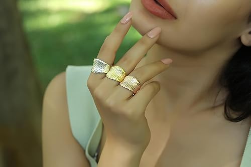Miniatura 3 de DALMARKT Handmade Hammered 925 Sterling Silver statement Ring for Women, boho classic shiny thick wide band thumb rings (Gold, 6-8 Adjustable)