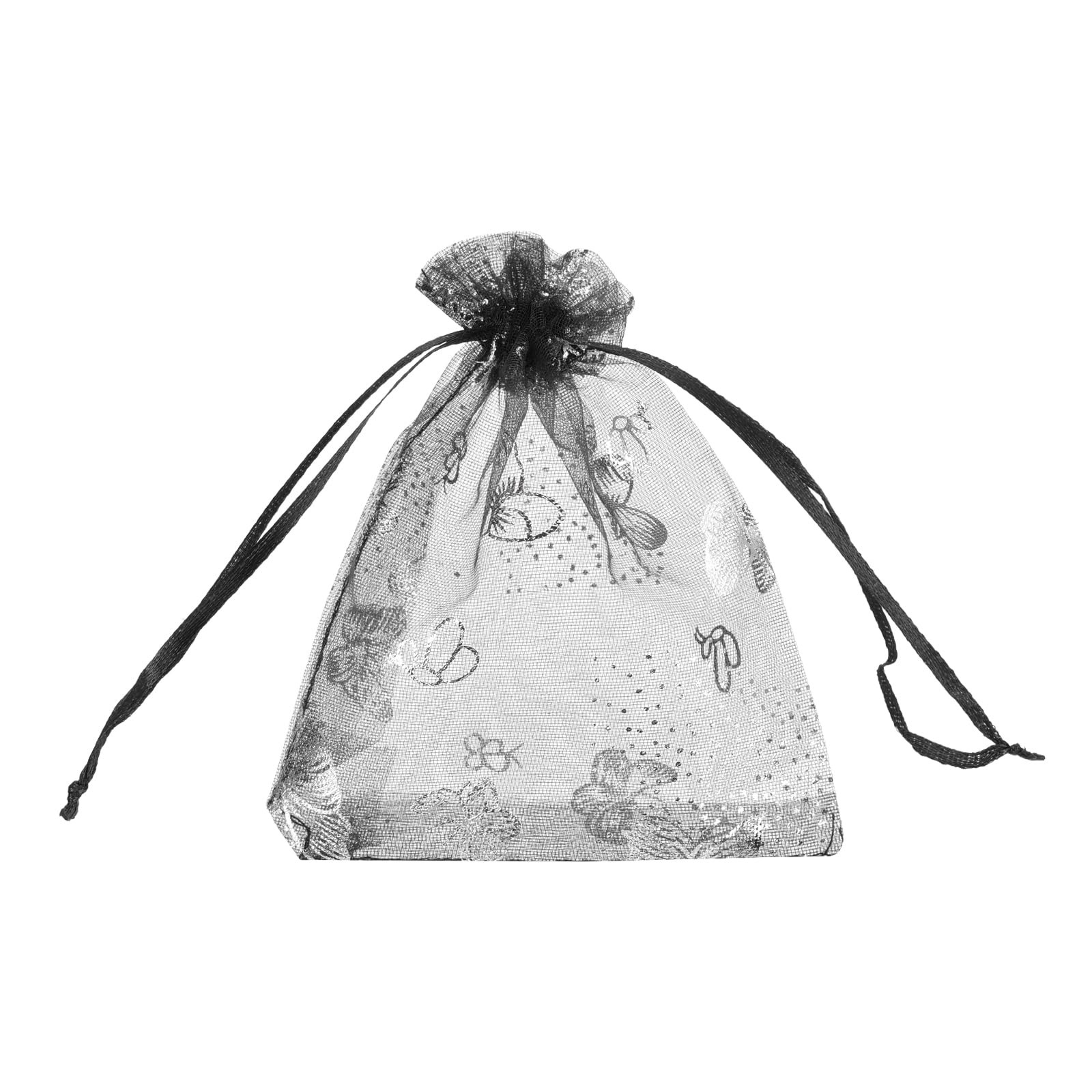 sourcing map Organza Bag 10 x 12cm, Sheer Butterfly Mesh Bags Drawstring Gift Bags Bulk Party Favor Bag Jewelry Pouches for Wedding Candy Valentines (Black-Silver, Pack of 100)