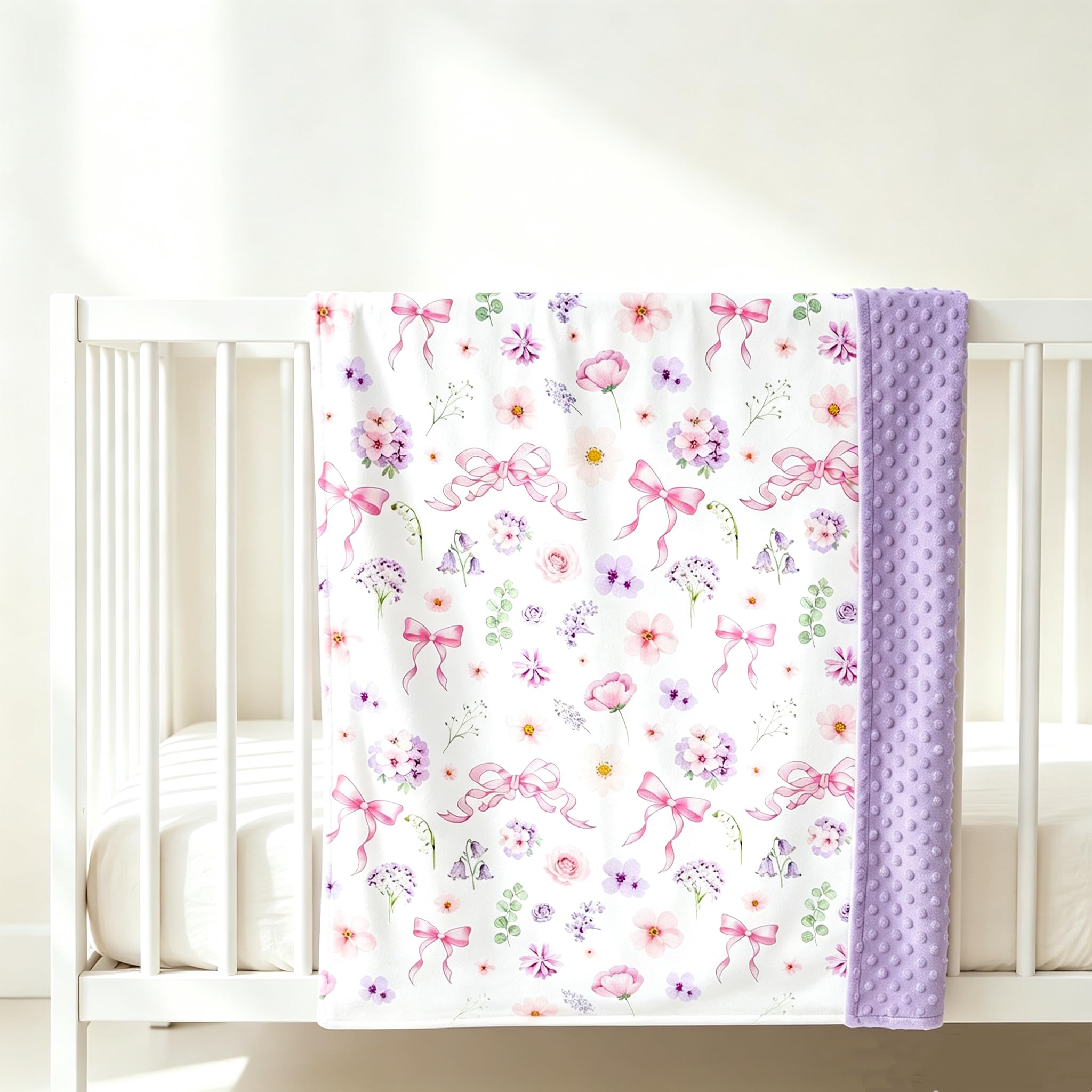 Pea Pod Baby Girls Blanket Soft Floral Minky Blanket for Newborn, 30'' x 40'' Double Layer Design, Dotted Backing Breathable Bows Baby Quilt Crib Blanket for Nursery/Stroller/Toddler Bed/Baby Car Seat