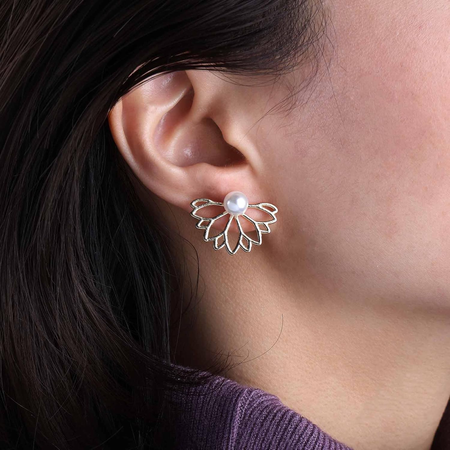 Boho Lotus Flower Ear Jacket Earrings Lotus Flower Stud Earrings Gold Pearl Front Back Earrings Minimalist Lotus Earrings Hollow Flower Earrings Jewelry for Women - Image 2