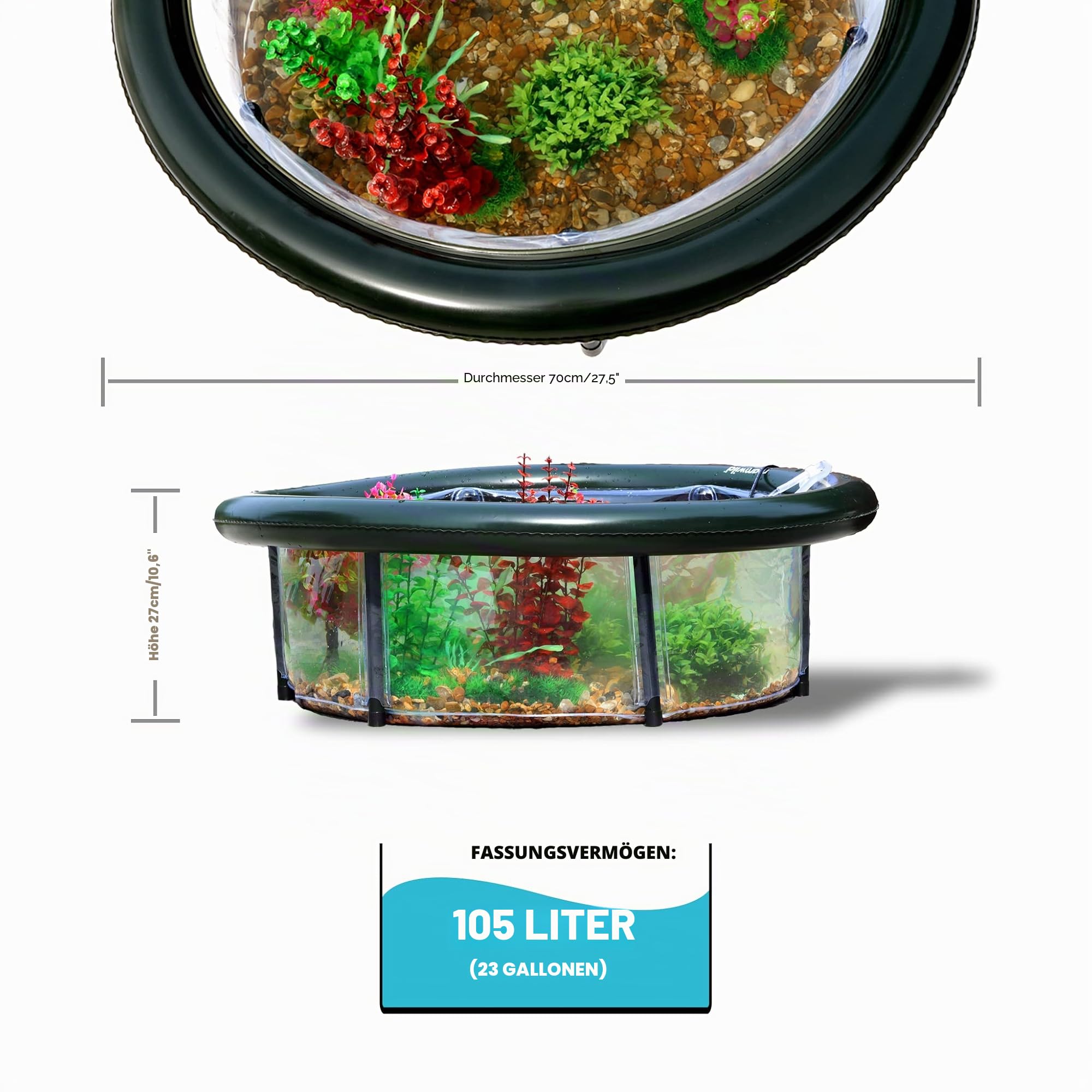Roamwild Pop-Up-Teich-Wasserspiel-Set 700 mm 270 mm 105 l erhöhtes Aquarium Belüftungspumpe
