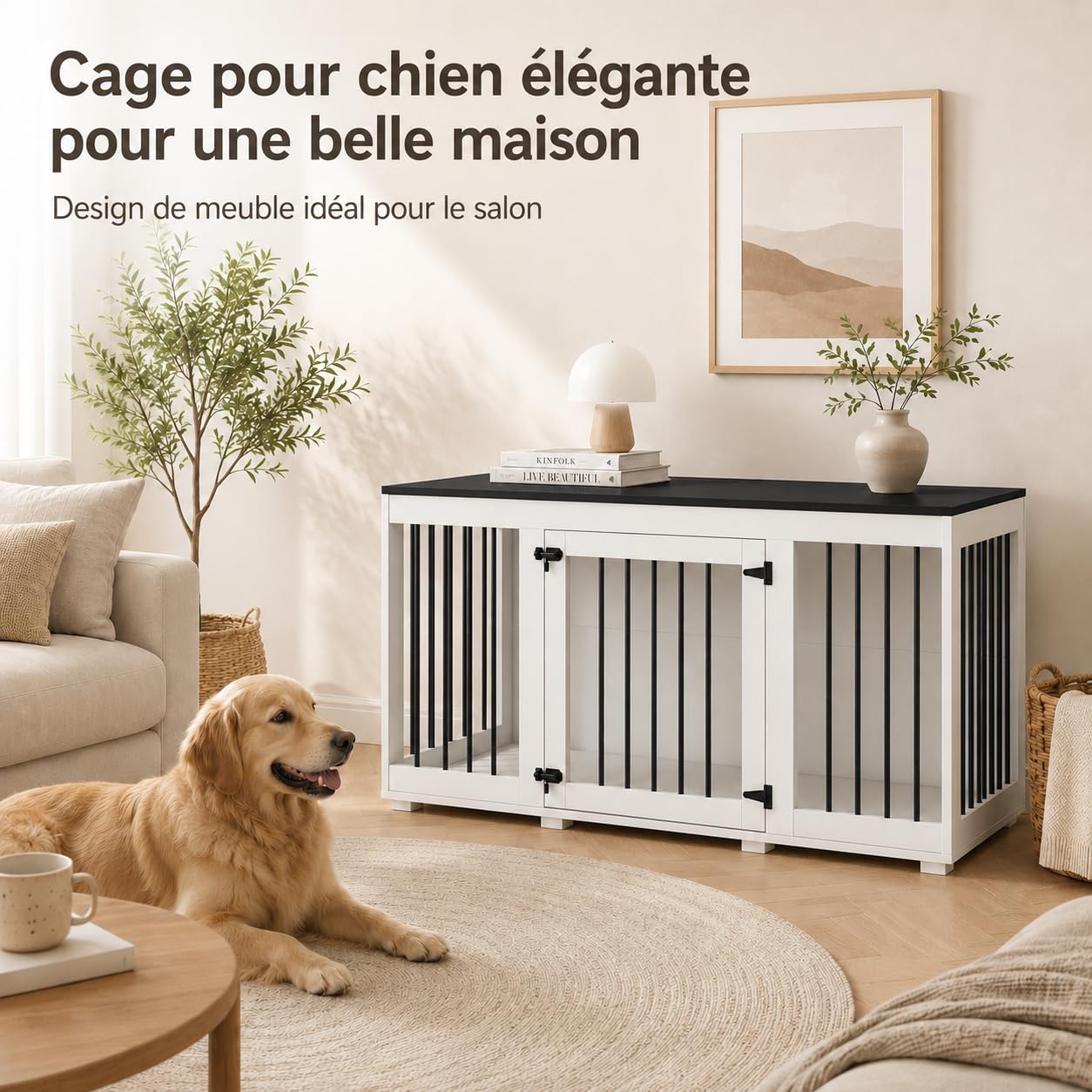 Cage pour Chien XXL 136cm pour Très Grands Chiens – Meuble Cage 2 Portes, Charge 50kg & Décor Métal Noir, 70cm de Haut – Niche Style Buffet pour Salon, 136×70×56cm, Blanc-Noir