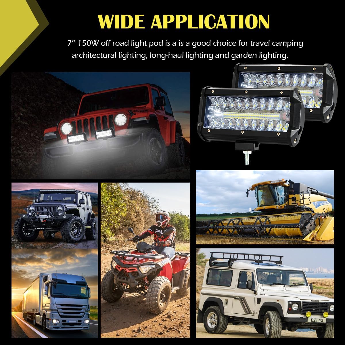 7 Inch LED Light Bar,150W 25,000LM Spot Flood Combo Beam LED Pod Lights for Tractors, Off Road Lights Pods Fog Lighting Work Lights for UTV ATV SUV Truck Tractor Pickup Boat (2 Pcs)