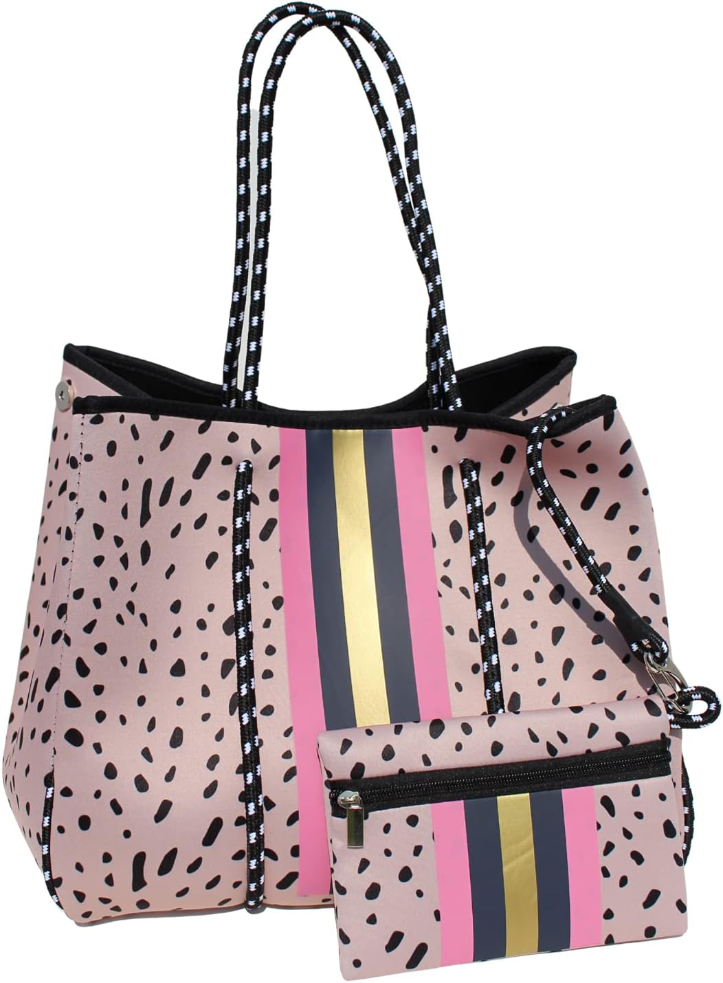 Leopard Neoprene Tote | Beach Tote, Gym Bag | Matching Zipper Pouch Included | Tan with Black Dots Design