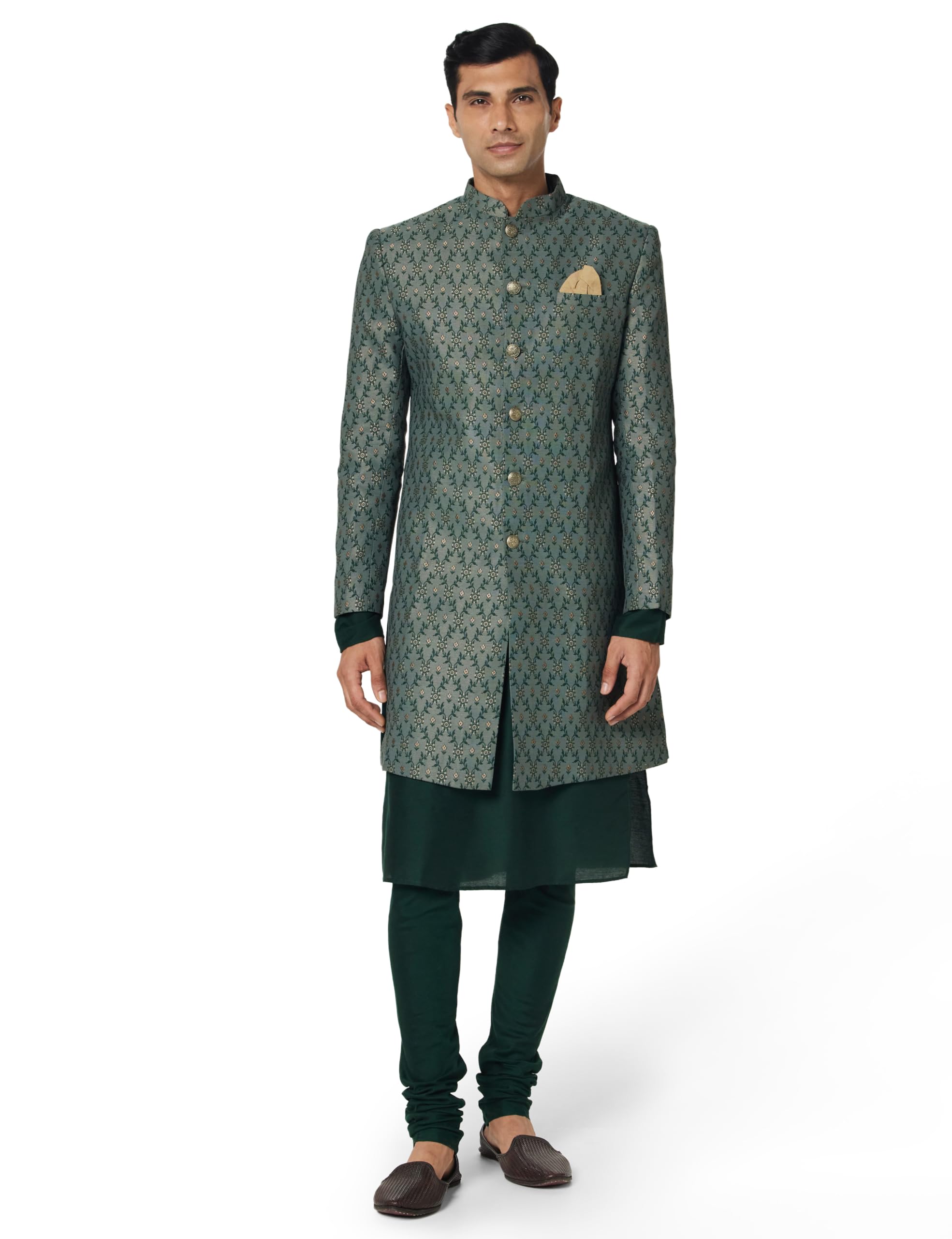 Men Grey Jacquard Kurta Indowestern Sherwani Churidar Set with Floral-image-32