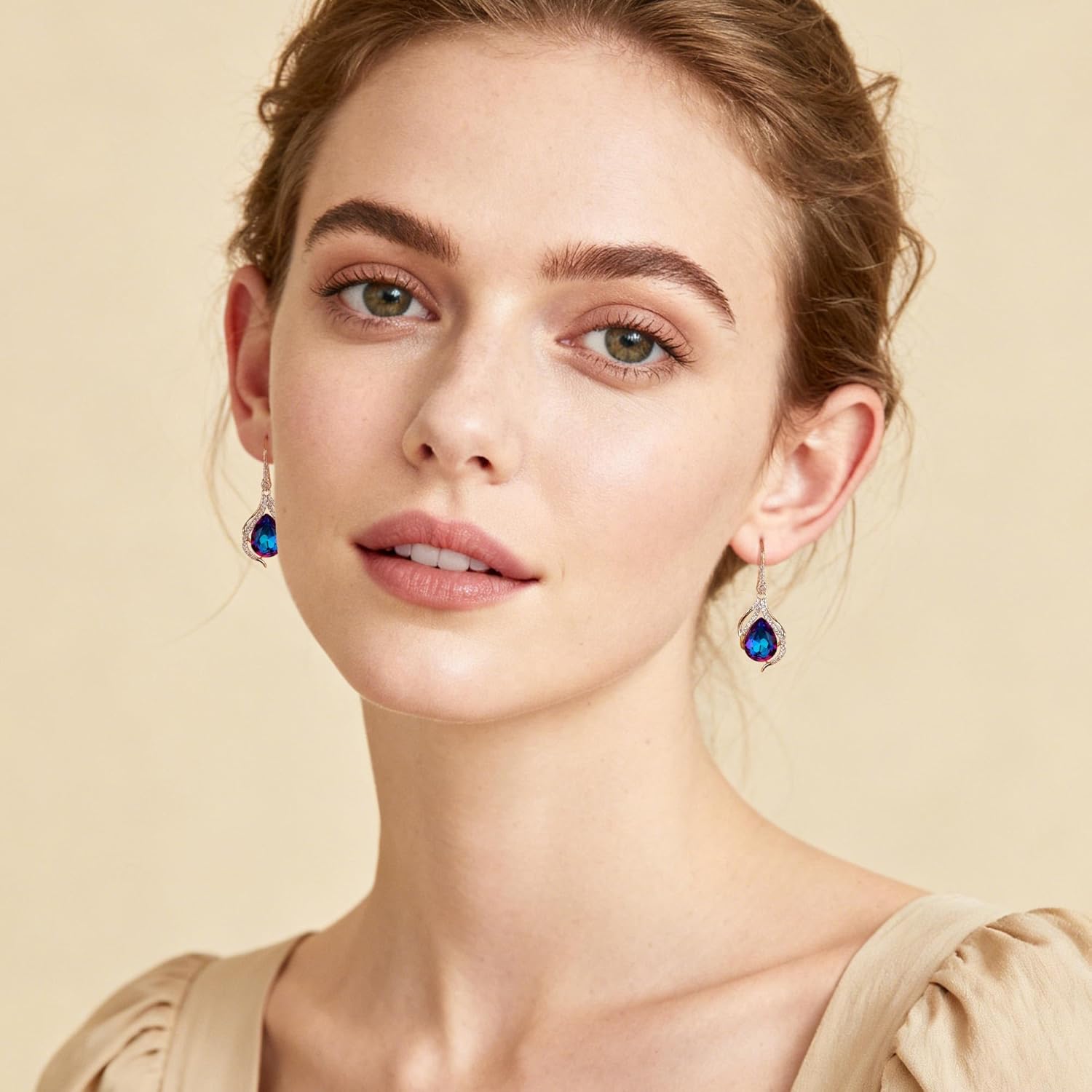 Austrian Crystal Hollow Teardrop Halo Drop Twisted Dangle Earrings for Women 14K Rose Gold Plated Hypoallergenic Jewelry