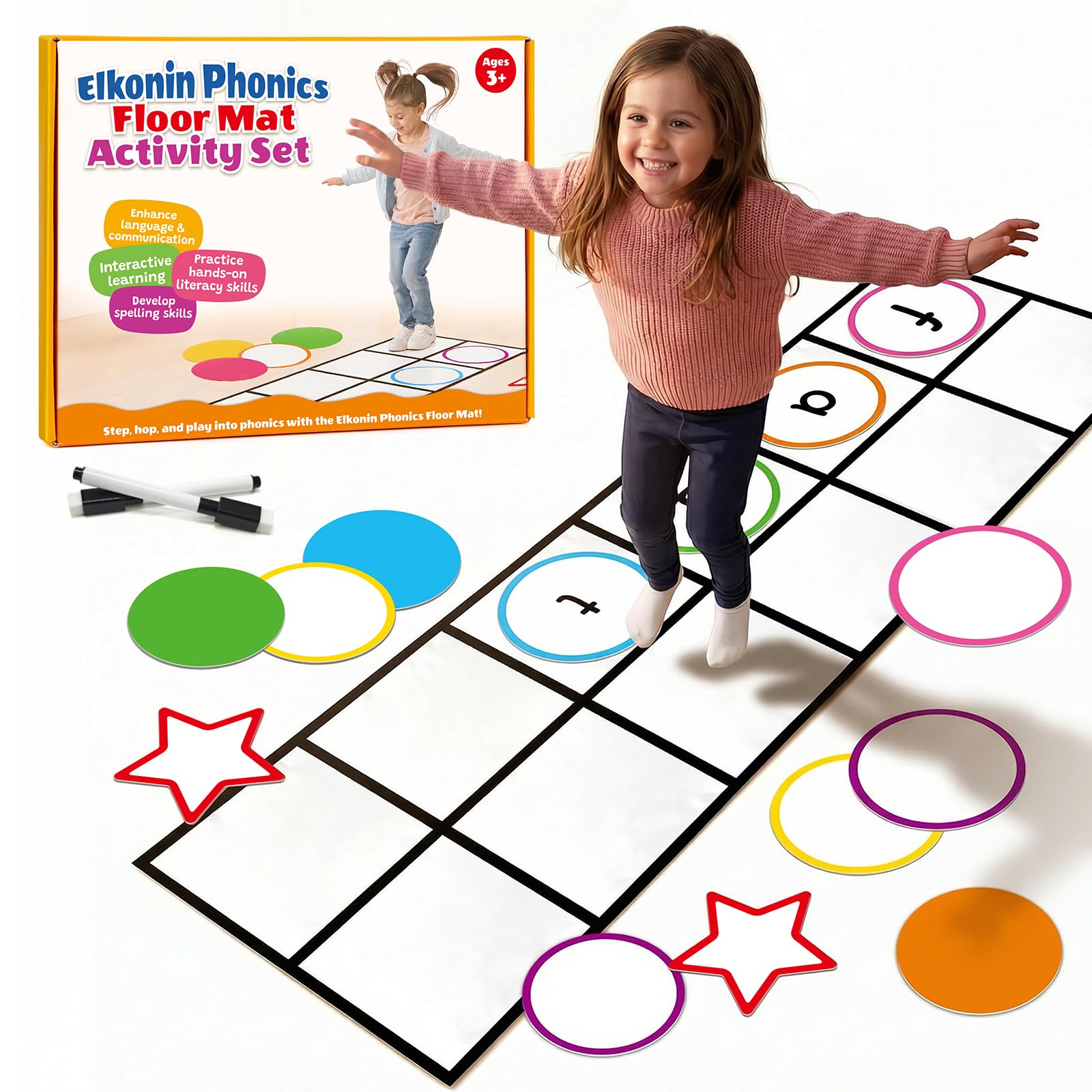 Elkonin Ensemble de tapis de sol pour enfants, activités d'apprentissage préscolaire, jeux de sensibilisation phonémique et de phonique, fournitures de salle de classe pour enseignants, moteur brut