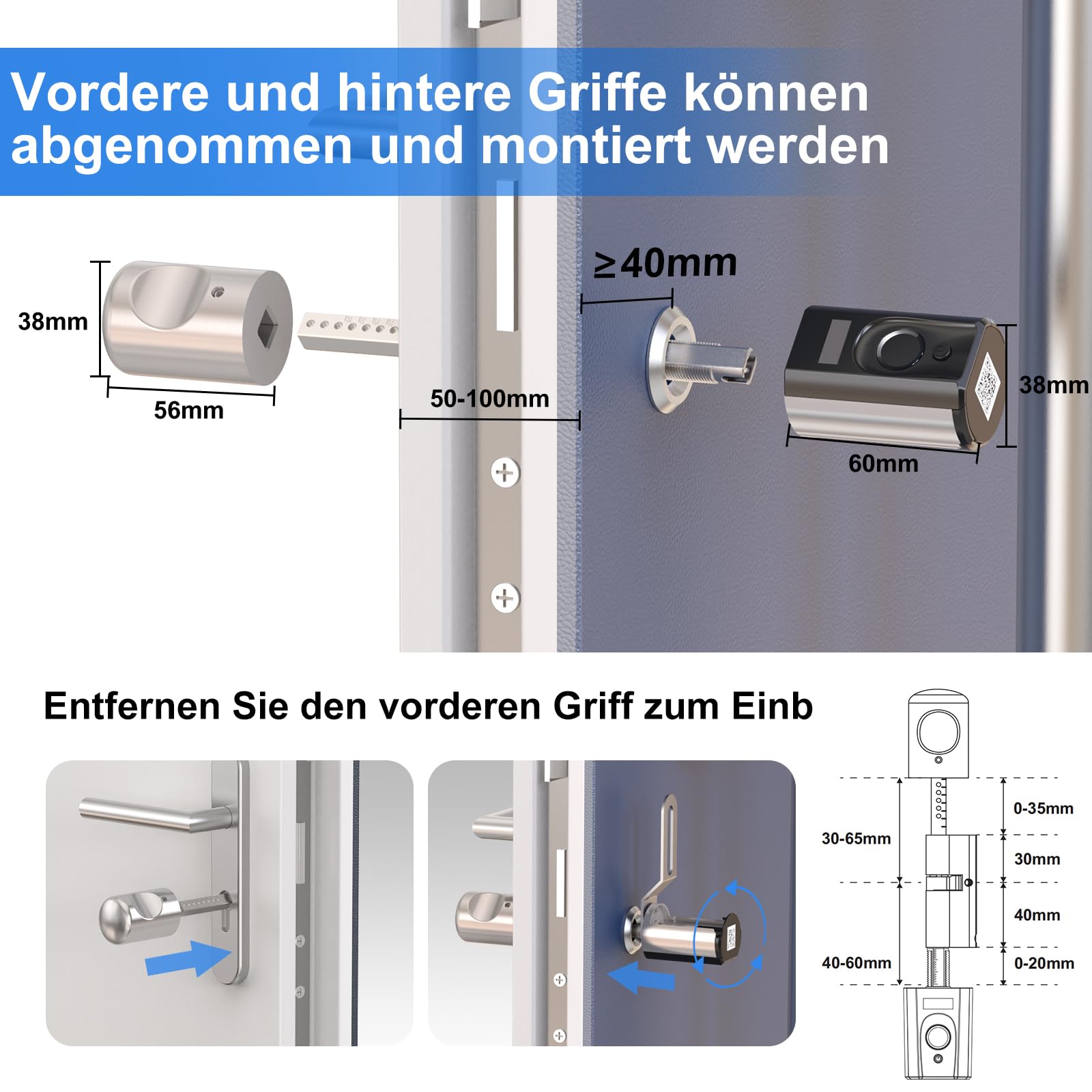 WELOCK Touch63 Fingerabdruck Türschloss Haustür Abnehmbarer Frontgriff | Elektronisches Türschloss Haustür,Fingerabdruck Schloss WI-FI,Smart Lock mit RFID-Karte BLE APP IP65 für 50-100mm Türen