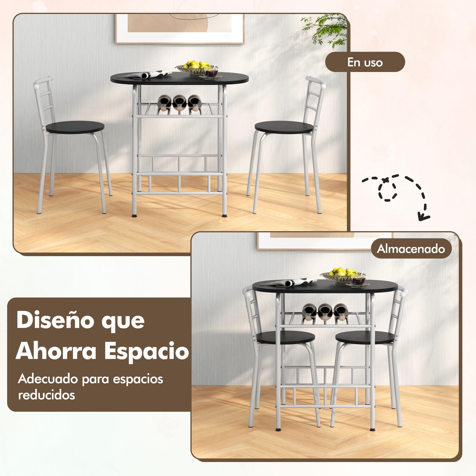 GIANTEX Juego de Comedor de 3 Piezas, 1 Mesa Ovalada Pequeña y 2 Sillas con Respaldo, con Botellero, Tablero de Mesa con Ventas de Madera, Marco de Metal, Ahorro Espacio (Negro+Plata)